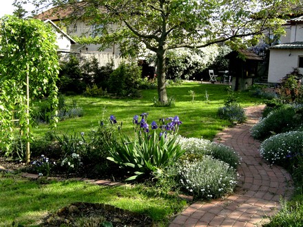 View of top garden looking towards house from path.
