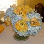 Baby shower centerpiece - hydrangeas and tulips.