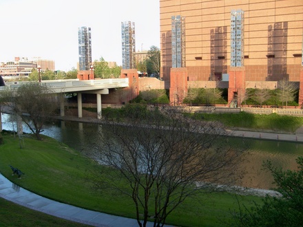 Sesquincentennial Park at sunset, next to Wortham Center.
