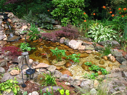 The finished product, we had to put some bamboo shoots on the top two waterfalls to get a strong flow of water to run into the lower pond. Our pump isn't strong enough to get a consistant flow, It looks like another pump is our next project.