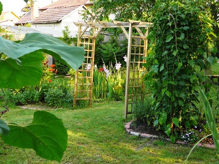 View looking across from fence of lower garden towards arch & central bed.